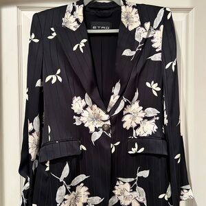 ETRO Black/Cream Spaced Plumeria Floral Pinstriped Blazer